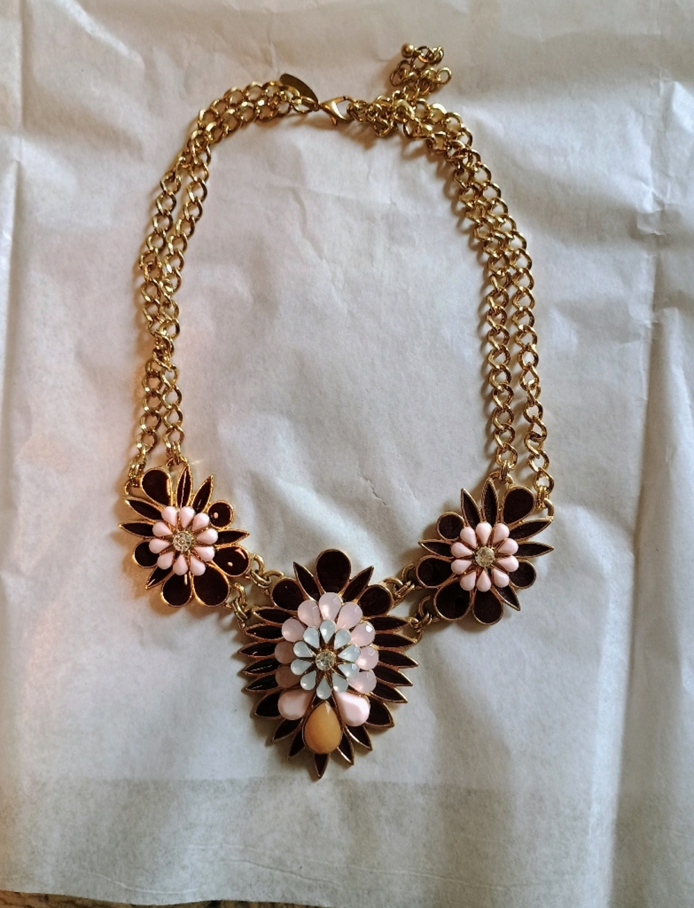 Gold Floral Statement Necklace with Pink and Brown Accents 2 For $10